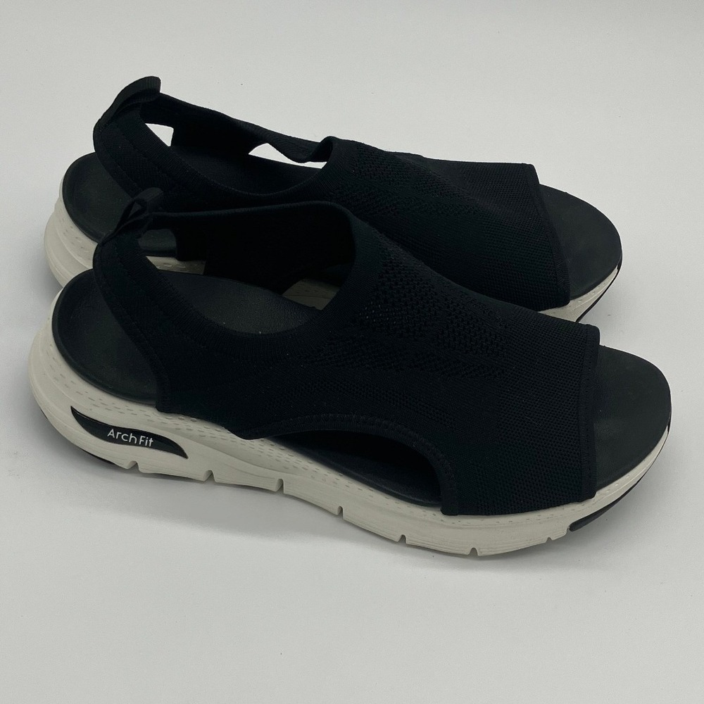 Skechers Arch Fit Slip On Wedge Sandals Womens Size 10 Black Knit Open Toe